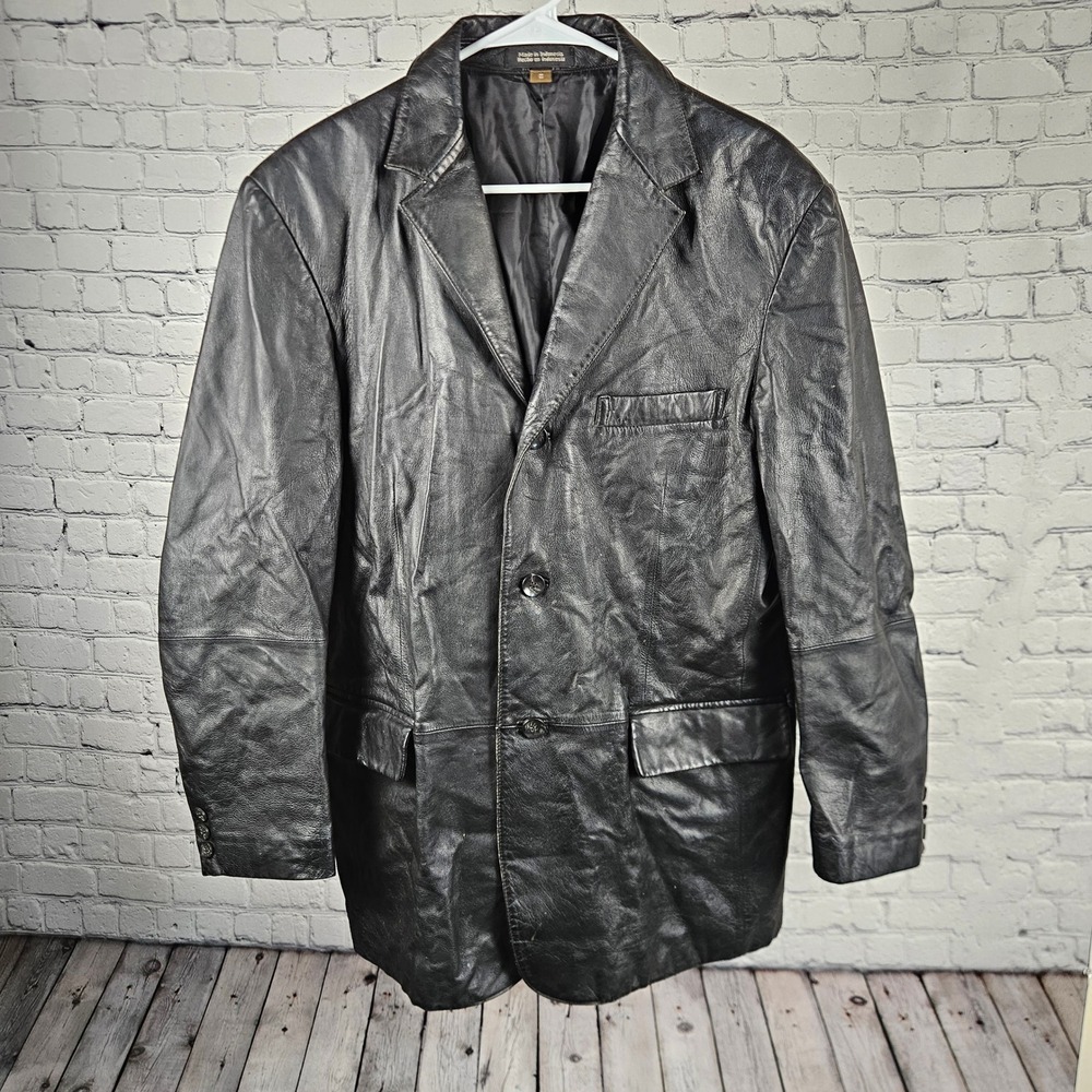 J. Ferrar Mens Black Leather Blazer Jacket 3 Button Coat Size M